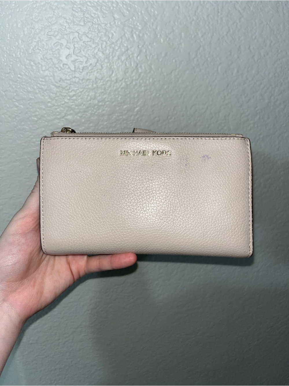 Michael Kors Blush Pebbled Leather Zip Wallet with Gold Logo